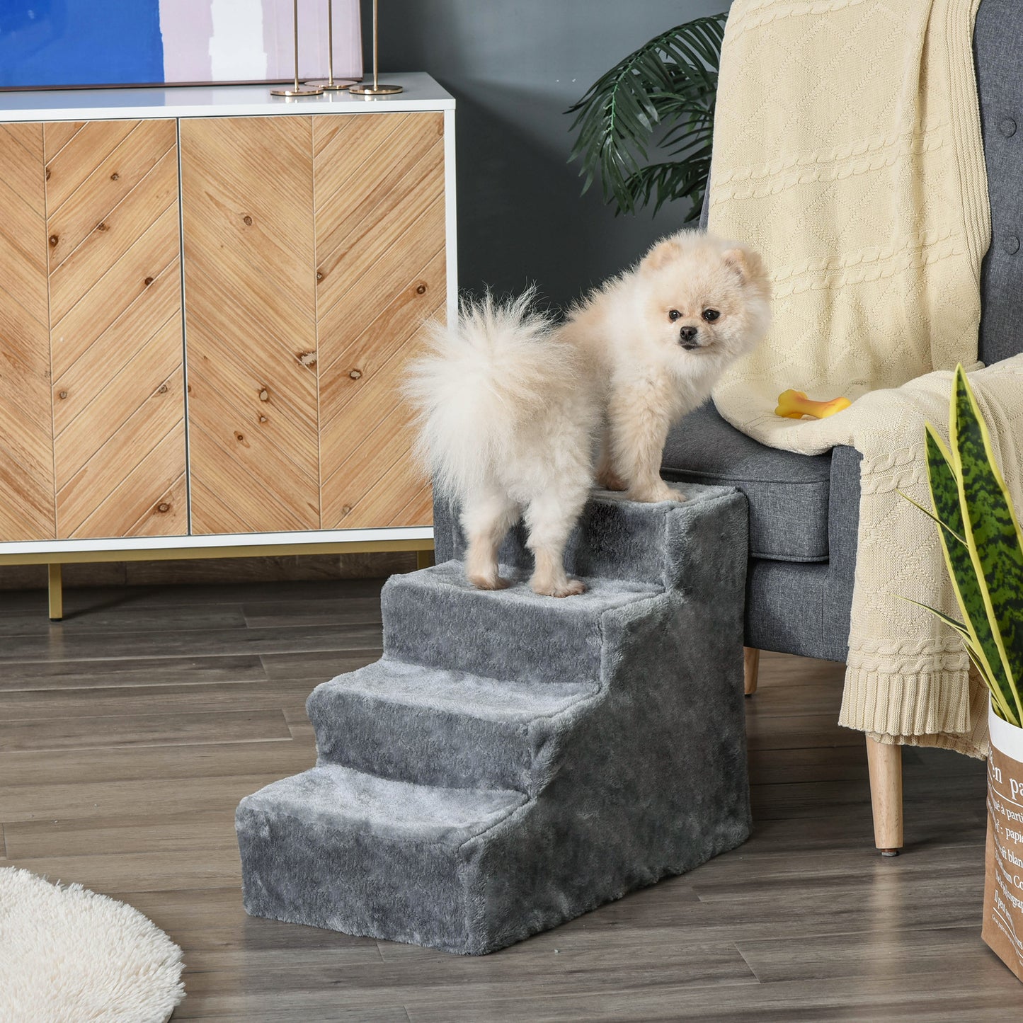 Pawhut Escalera Para Mascotas De 4 Peldaños Con Funda Extraíble 60x35x44 Cm Gris_1