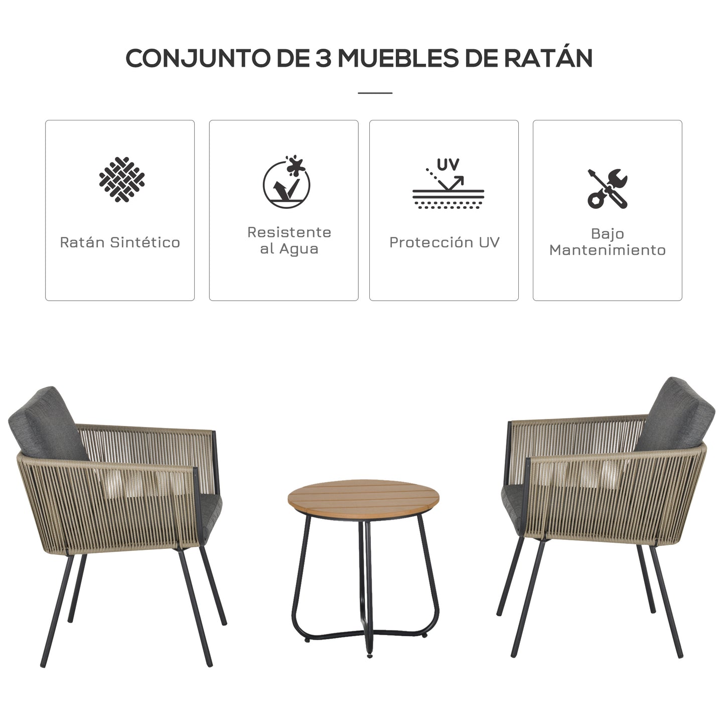 Outsunny Conjunto De Muebles De Ratán 1 Mesa Redonda Y 2 Sillas Con Cojines_3