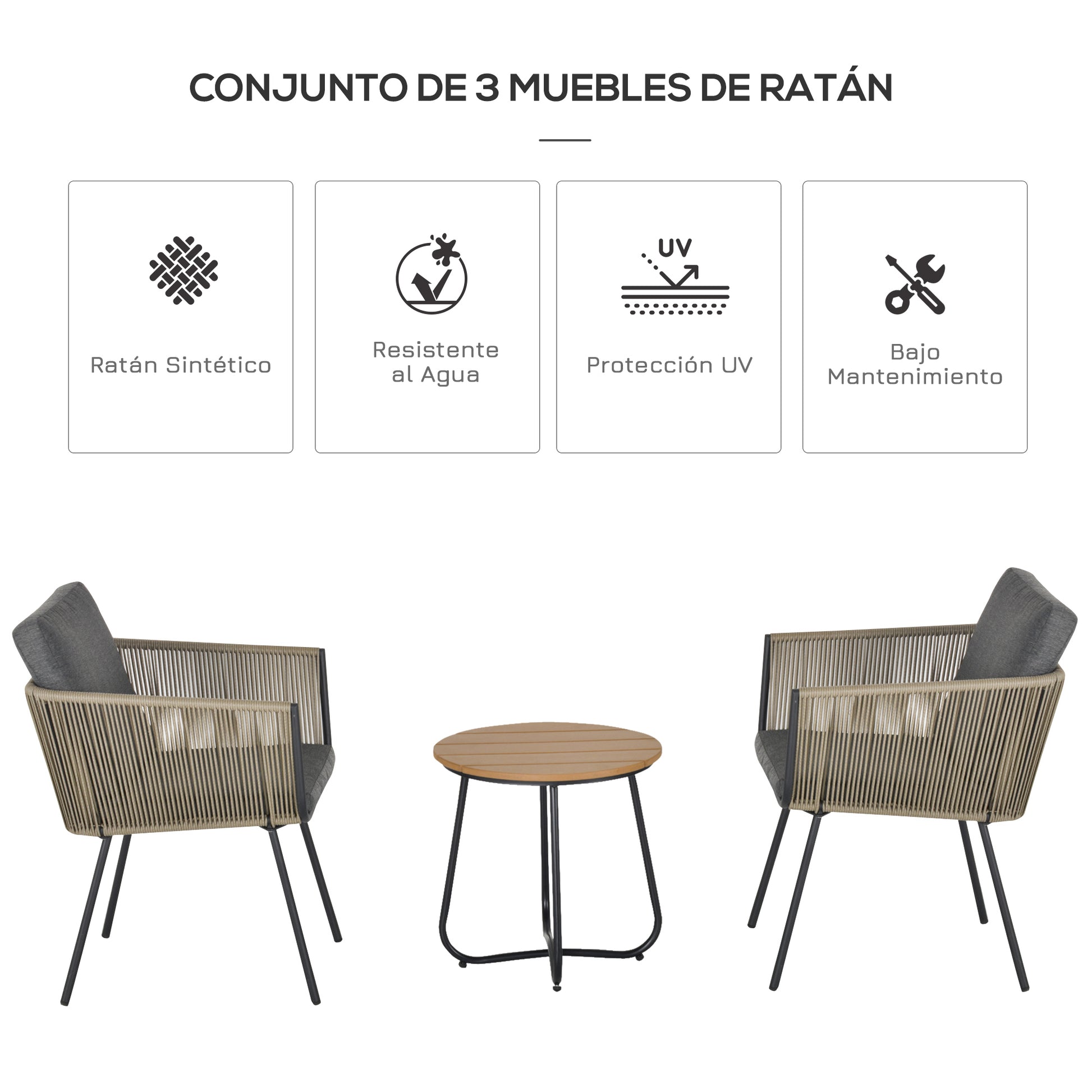 Outsunny Conjunto De Muebles De Ratán 1 Mesa Redonda Y 2 Sillas Con Cojines_3