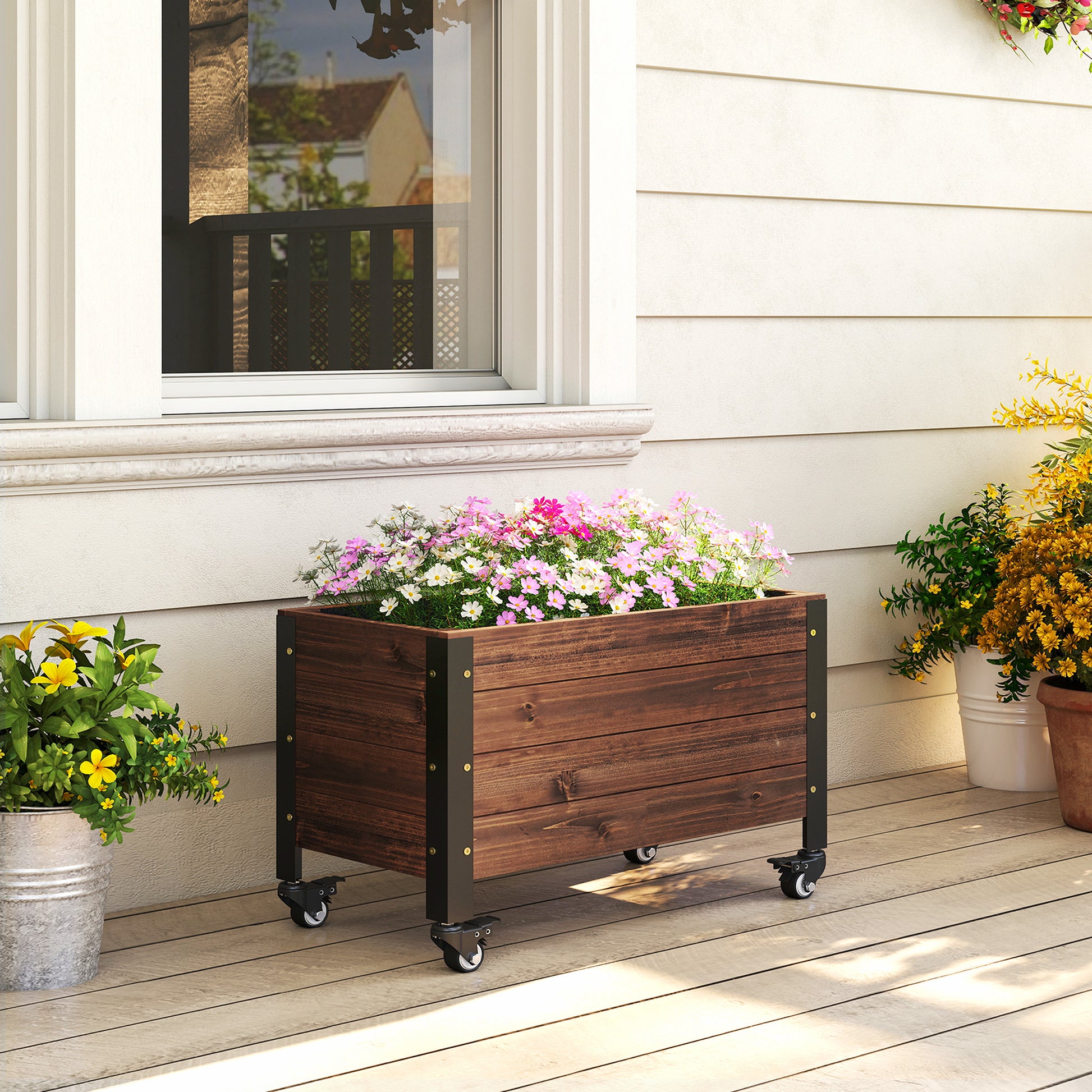 Outsunny Jardinera Exterior De Madera Con Ruedas 60x30x41 Cm Marrón Oscuro_1