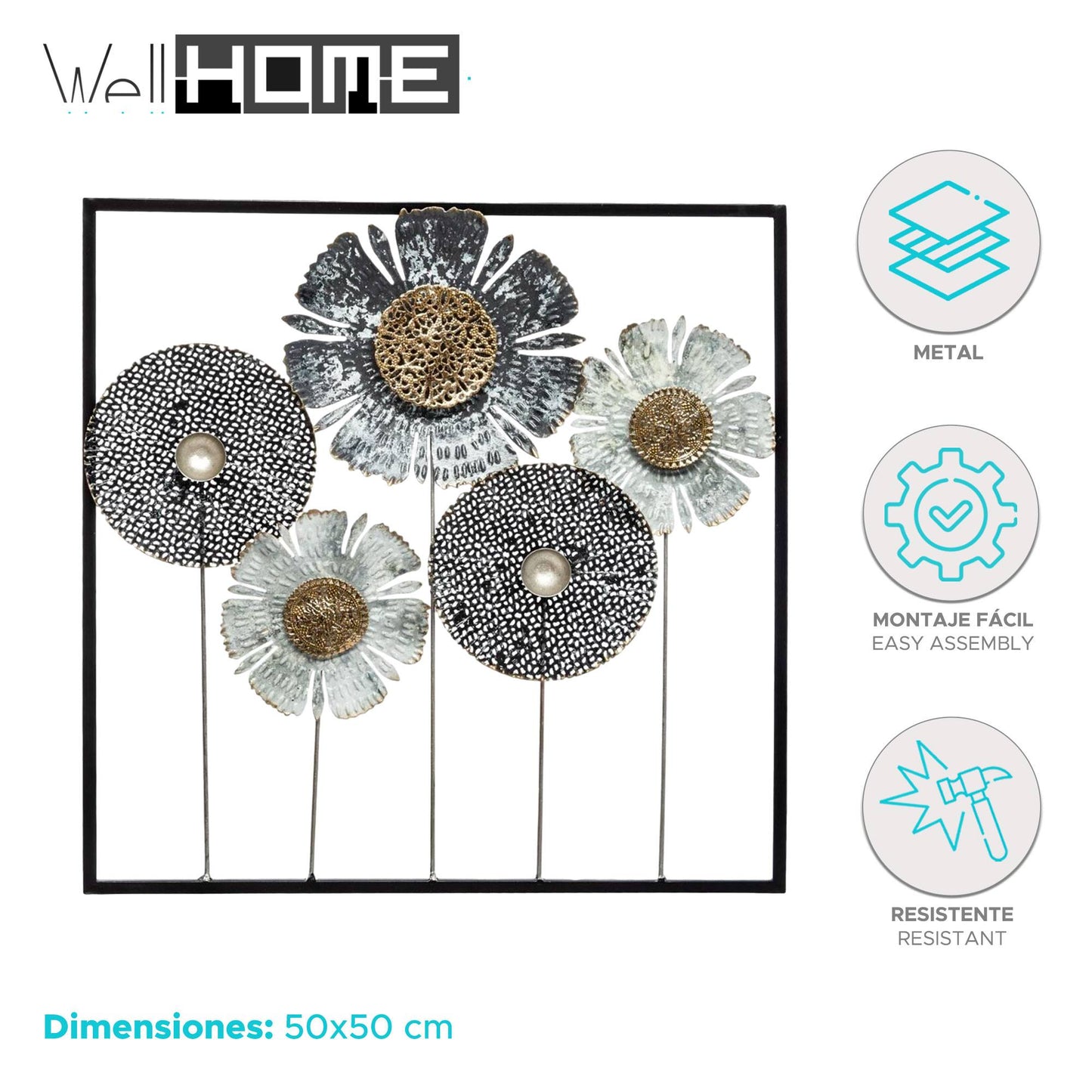 Well Home Decoración De Pared Metálica De Flores 50x50cm_1