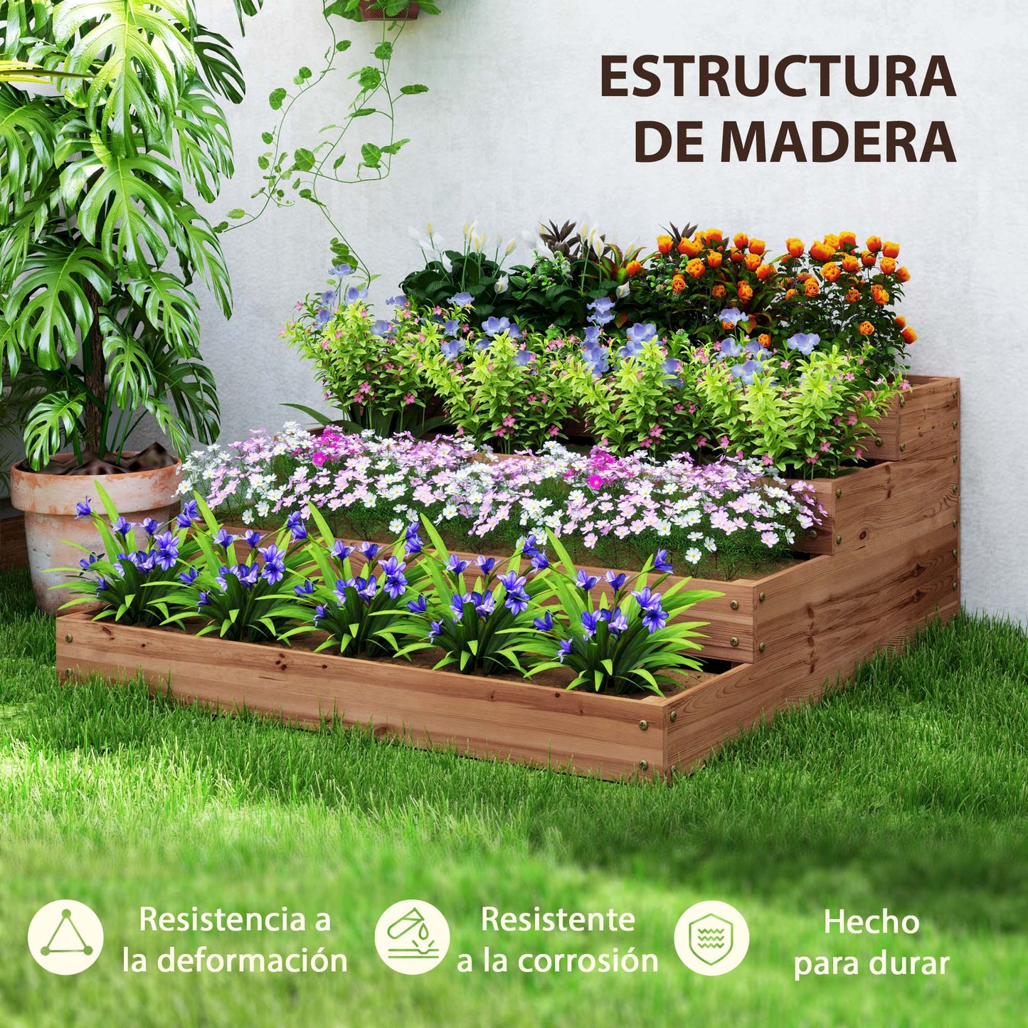 Outsunny Jardinera De Madera Elevada De 4 Niveles 113x113x46 Cm Café Oscuro_5