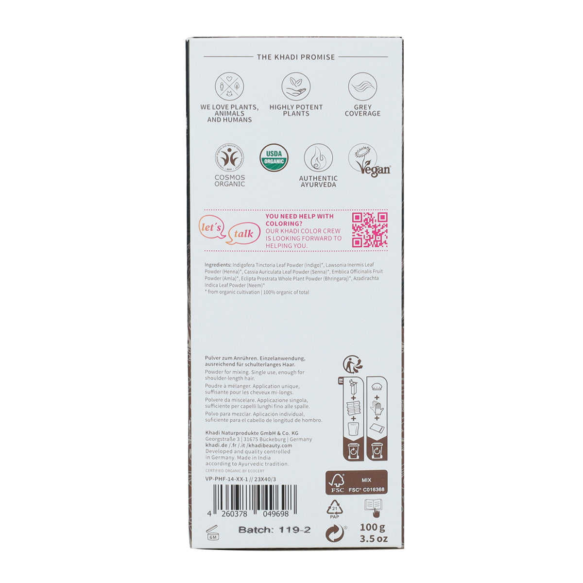 Tinte natural castaño ceniza Khadi 100 g