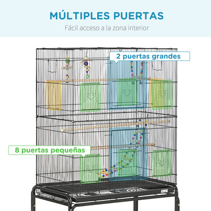 Pawhut Jaula Para Pájaros Con Ruedas 79x49x133 Cm Pajarera Metálico Negro_3
