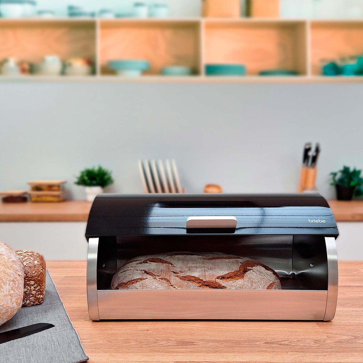 Panera De Mesa +juego 3 Botes Cocina Almacenaje Acero Inoxidable Contenedor De Pan Con Tapa, Briebe, Bb1161, Negro/inox