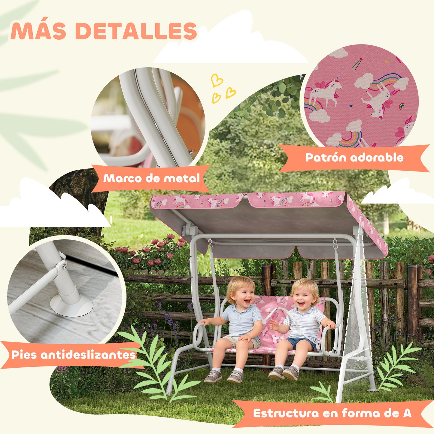 Aiyaplay Columpio Jardín Para Niños De 2 Plazas Toldo Diseño De Unicornio Rosa_5