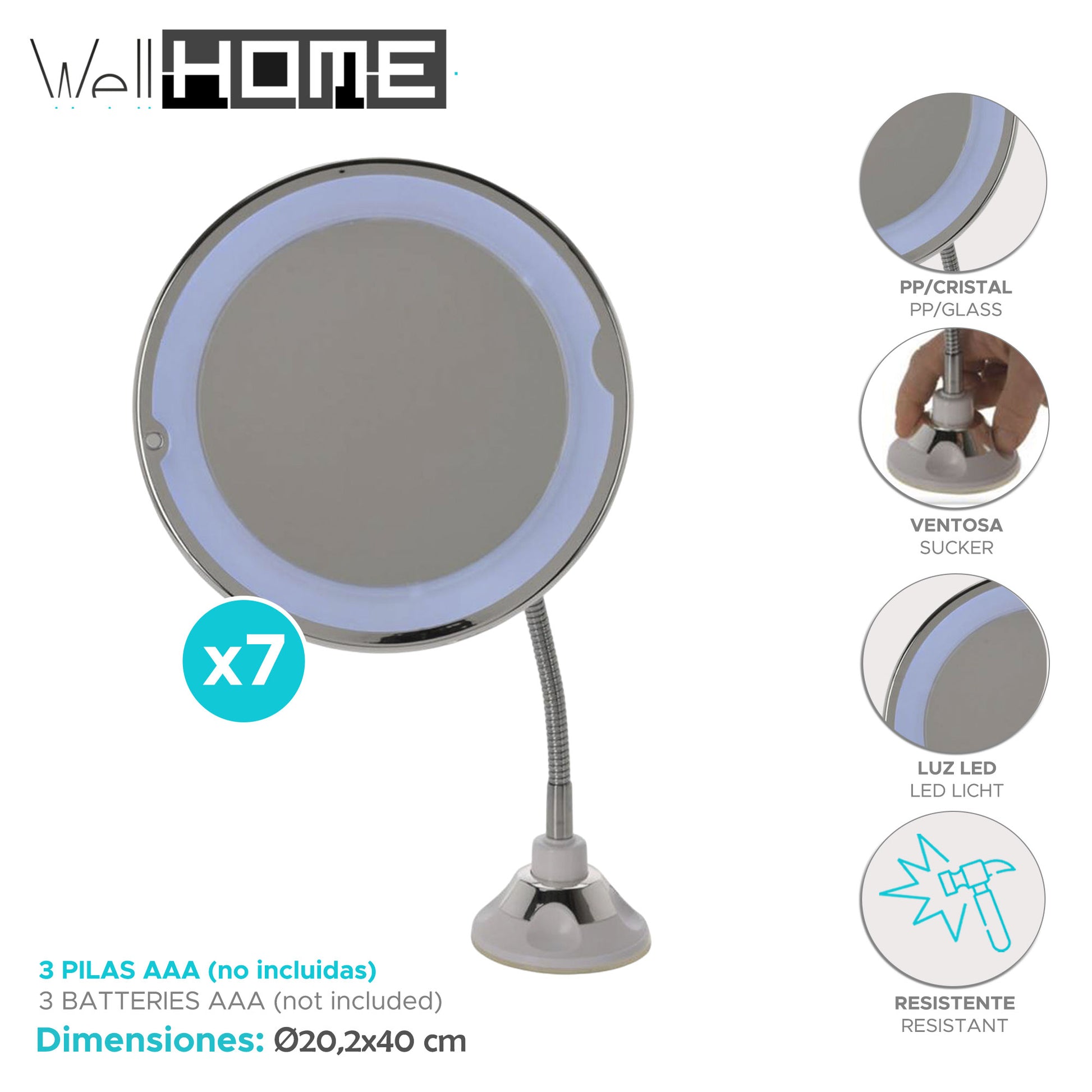 Well Home Espejo Con Soporte Con Luces Led En El Borde Color Plata Ø20,2x40cm_1