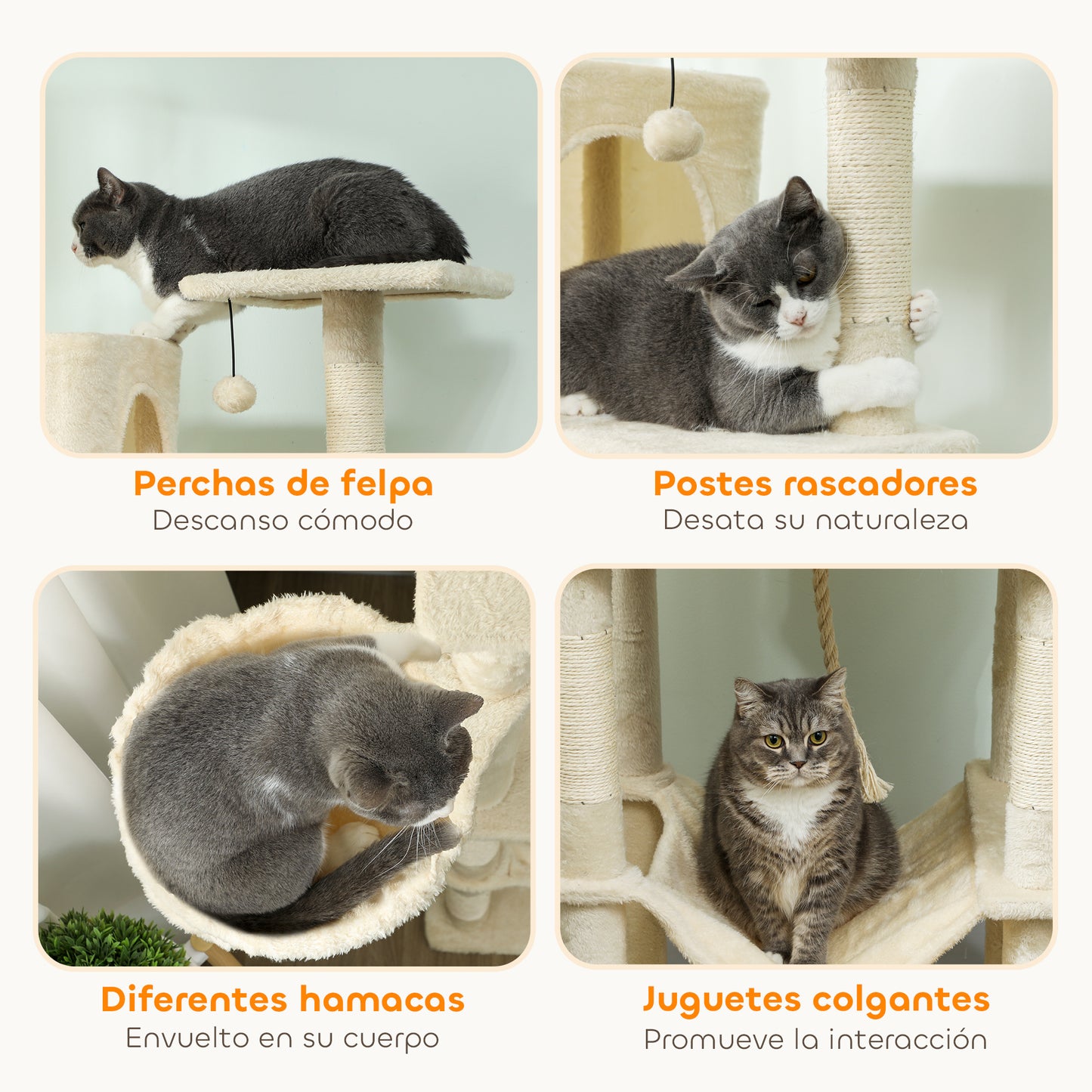 Pawhut Árbol Rascador Para Gatos 202 Cm Con Plataformas 2 Camas 2 Cuevas Beige_5