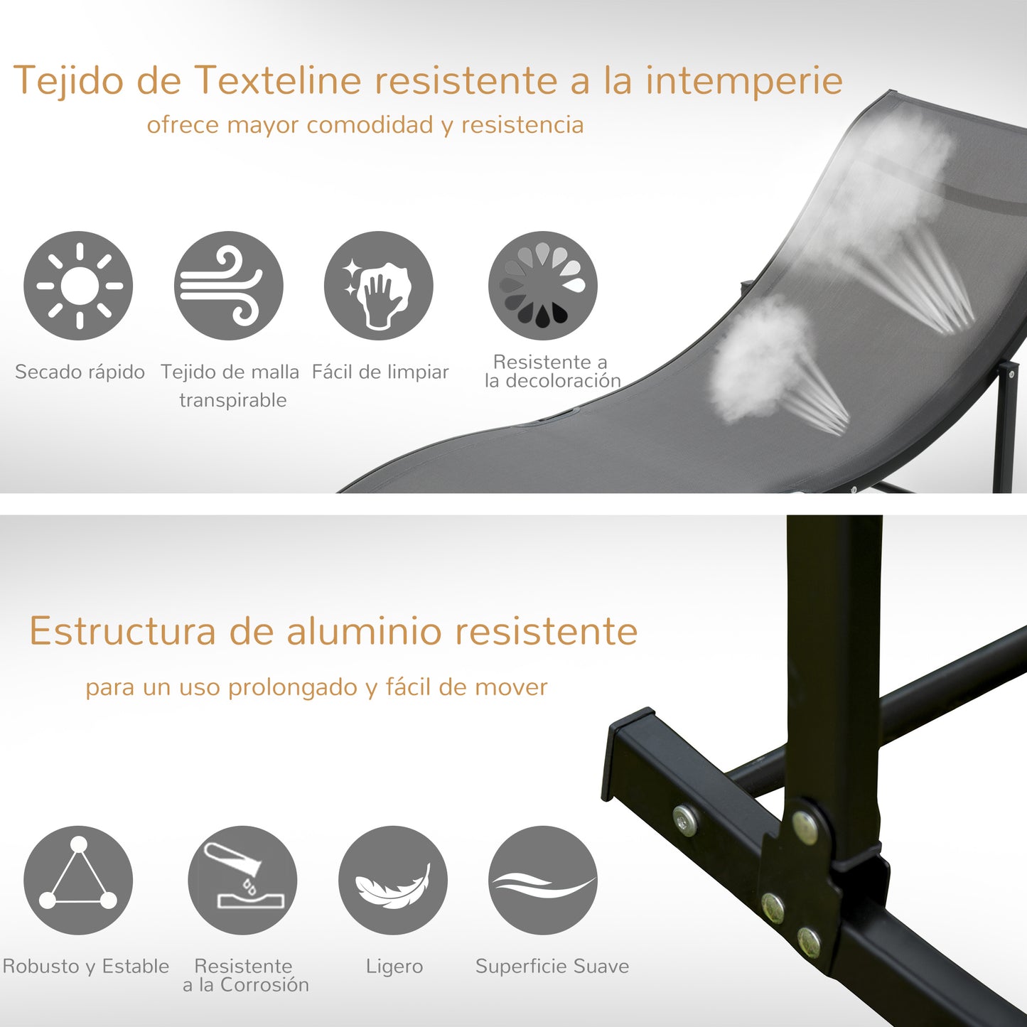Outsunny Juego De 2 Tumbonas Plegables Con Marco De Aluminio 165x61x63 Cm Gris_5