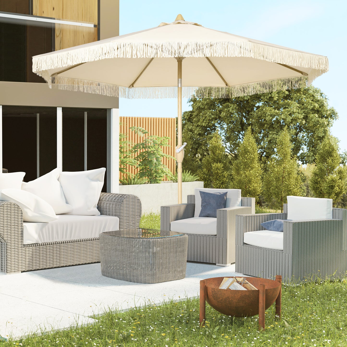 Outsunny Sombrilla Terraza Exterior Ø265x244 Cm Con Ángulo Ajustable Crema_1