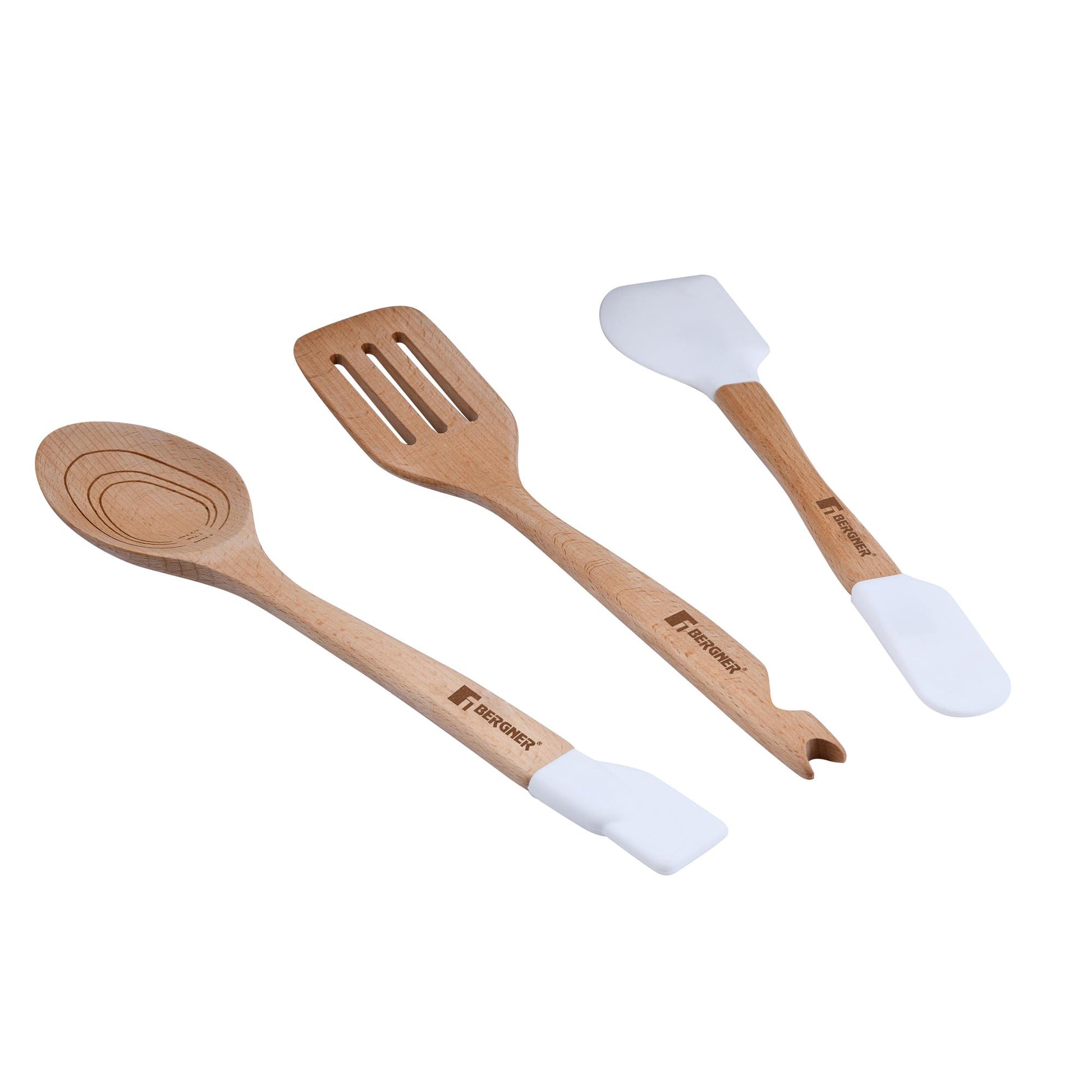 Juego De 3 Utensilios De Cocina (rasera Ranurada + Cucharón + Cuchara Ranurada) En Silicona Y Madera Bergner._0