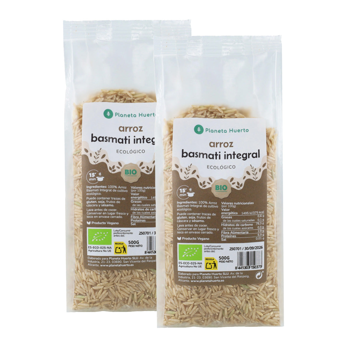Pack 2x Arroz Basmati integral ECO Planeta Huerto 500 g