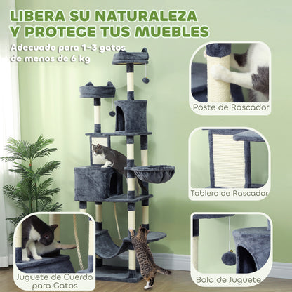 Pawhut Árbol Rascador Para Gatos Grande Altura 206 Cm Con Hamacas Gris Oscuro_5