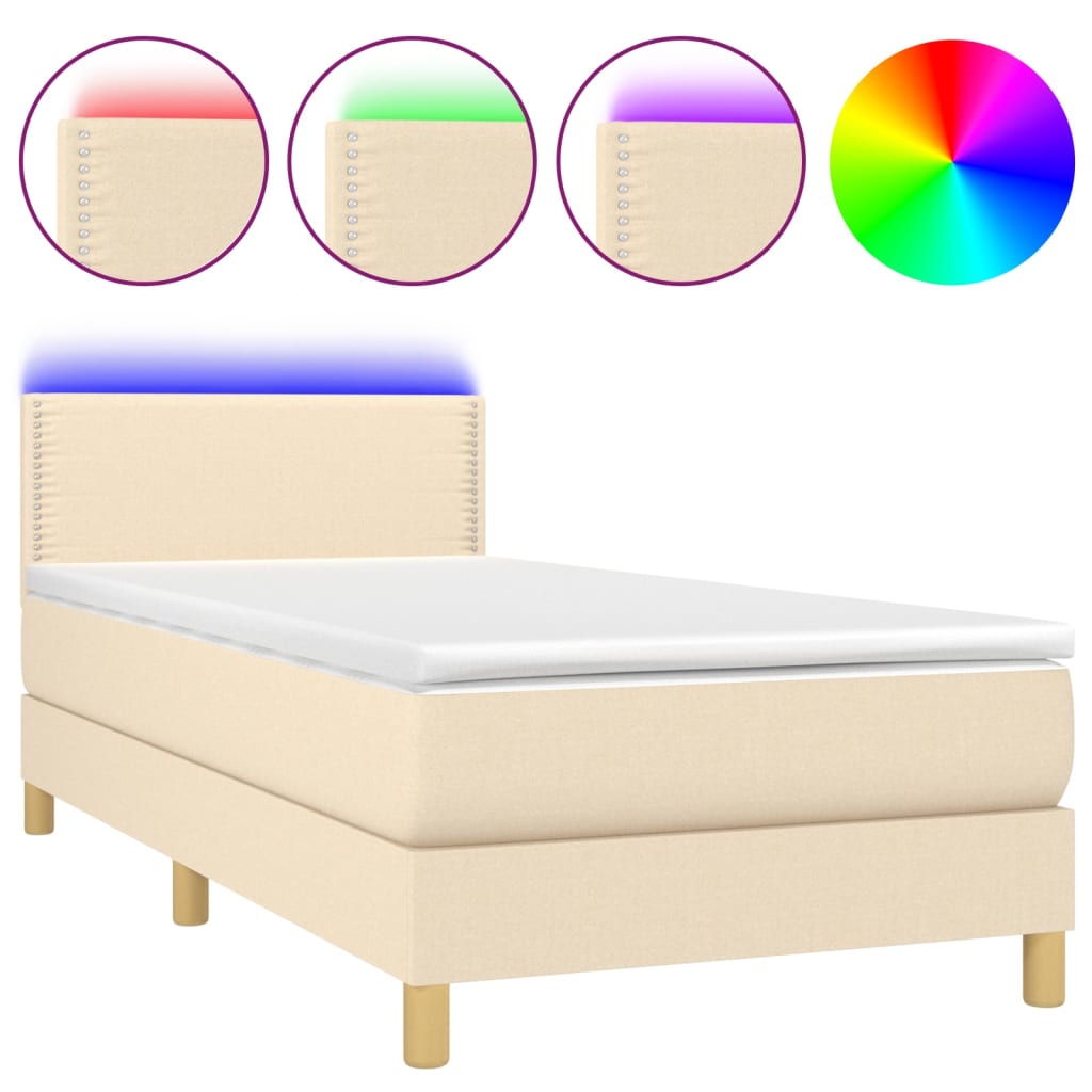 Cama Box Spring Con Colchón Y Led Tela Crema 90x190 Cm / Vetonek_4