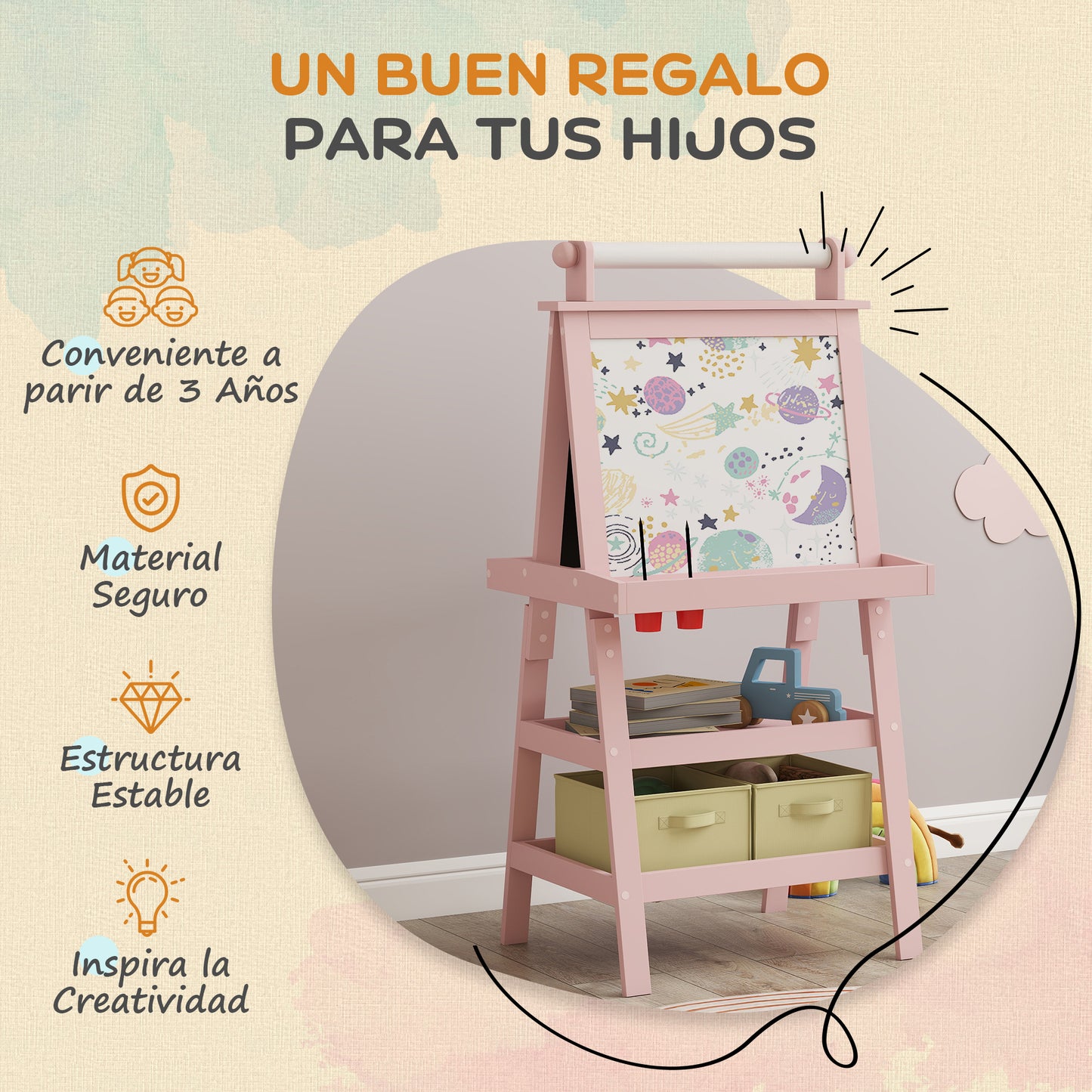 Aiyaplay Pizarra Infantil Caballete 3 En 1 Con Rollo De Papel Y Cestas Rosa_5