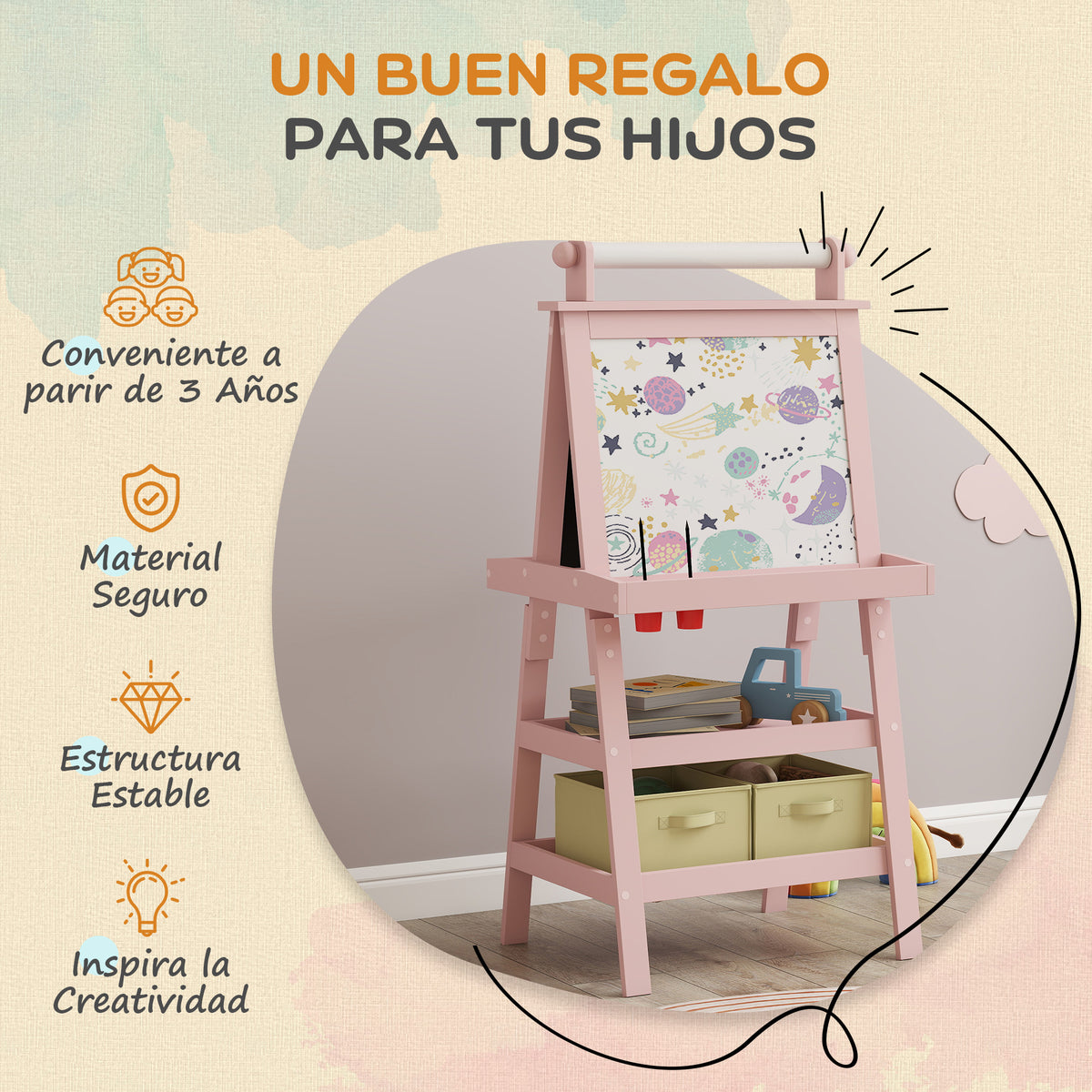 Aiyaplay Pizarra Infantil Caballete 3 En 1 Con Rollo De Papel Y Cestas Rosa_5