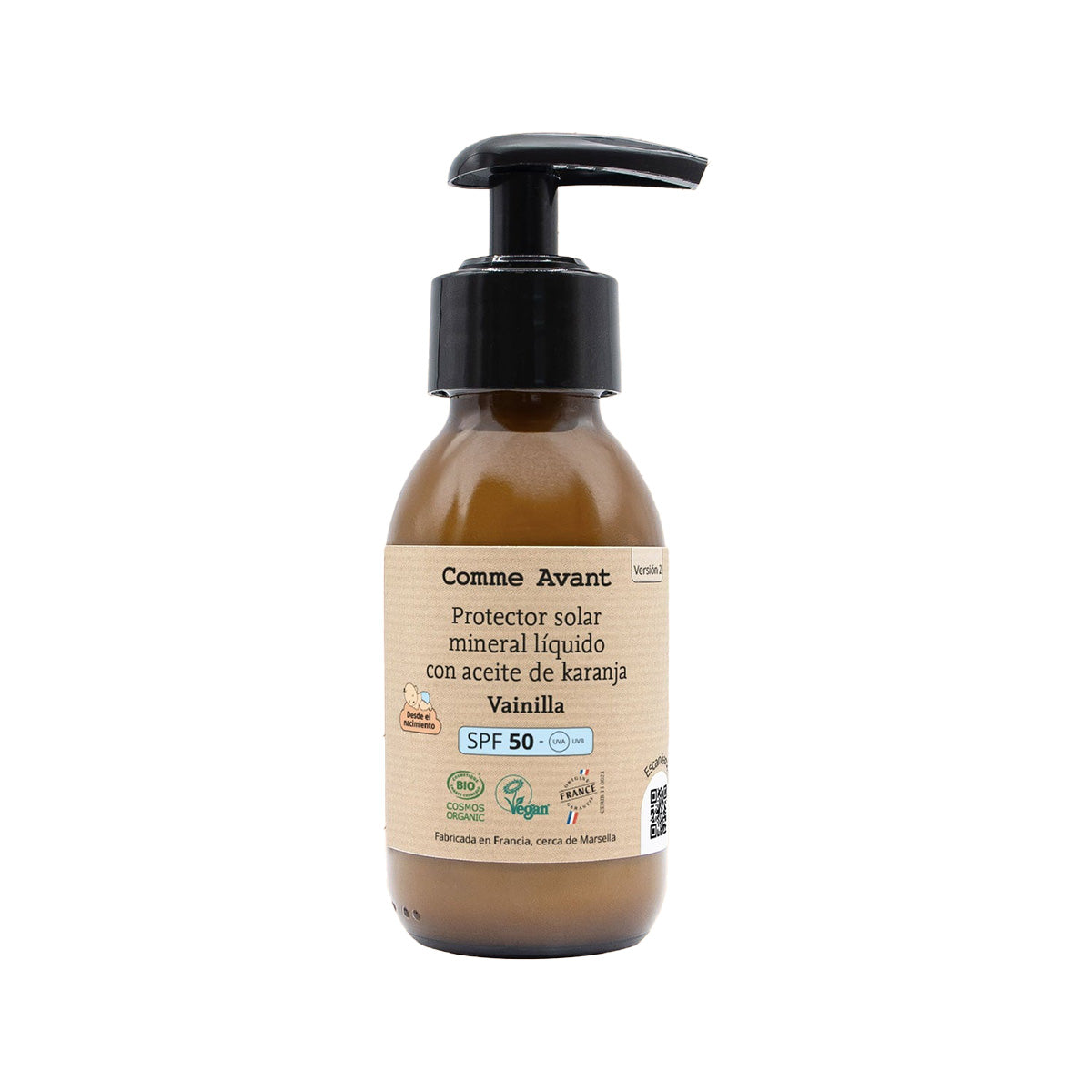Protector solar mineral líquido SPF50 con aceite de karanja Vainilla Comme Avant 105 ml