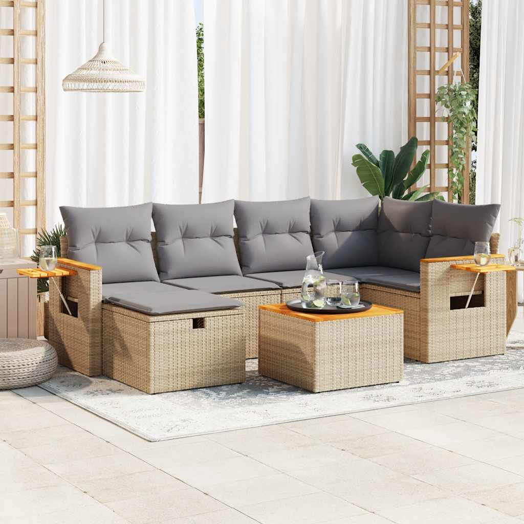 Set Sofás De Jardín 7 Piezas Y Cojines Ratán Sintético Beige / Vetonek_1