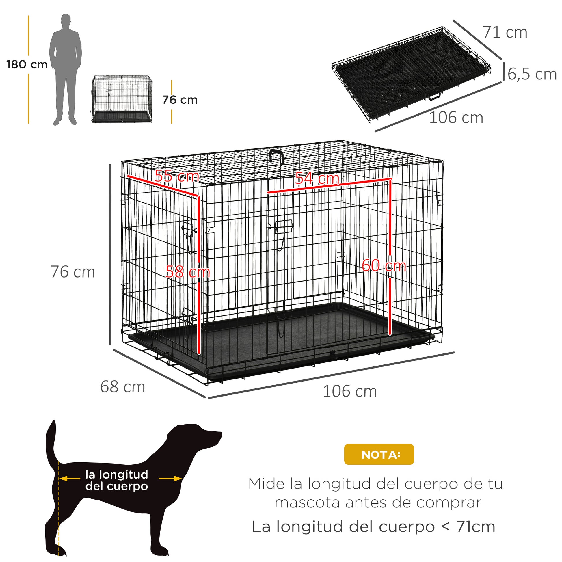Pawhut Transportín Jaula De Transporte De Metal Para Perro 106x71,5x76 Cm Negro_2