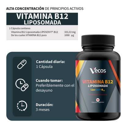 Vitamina B12 1000 Μg Liposomal Vecos 90 Cápsulas | Energía Y Reducción Del Cansancio | Metilcobalamina Pura_2