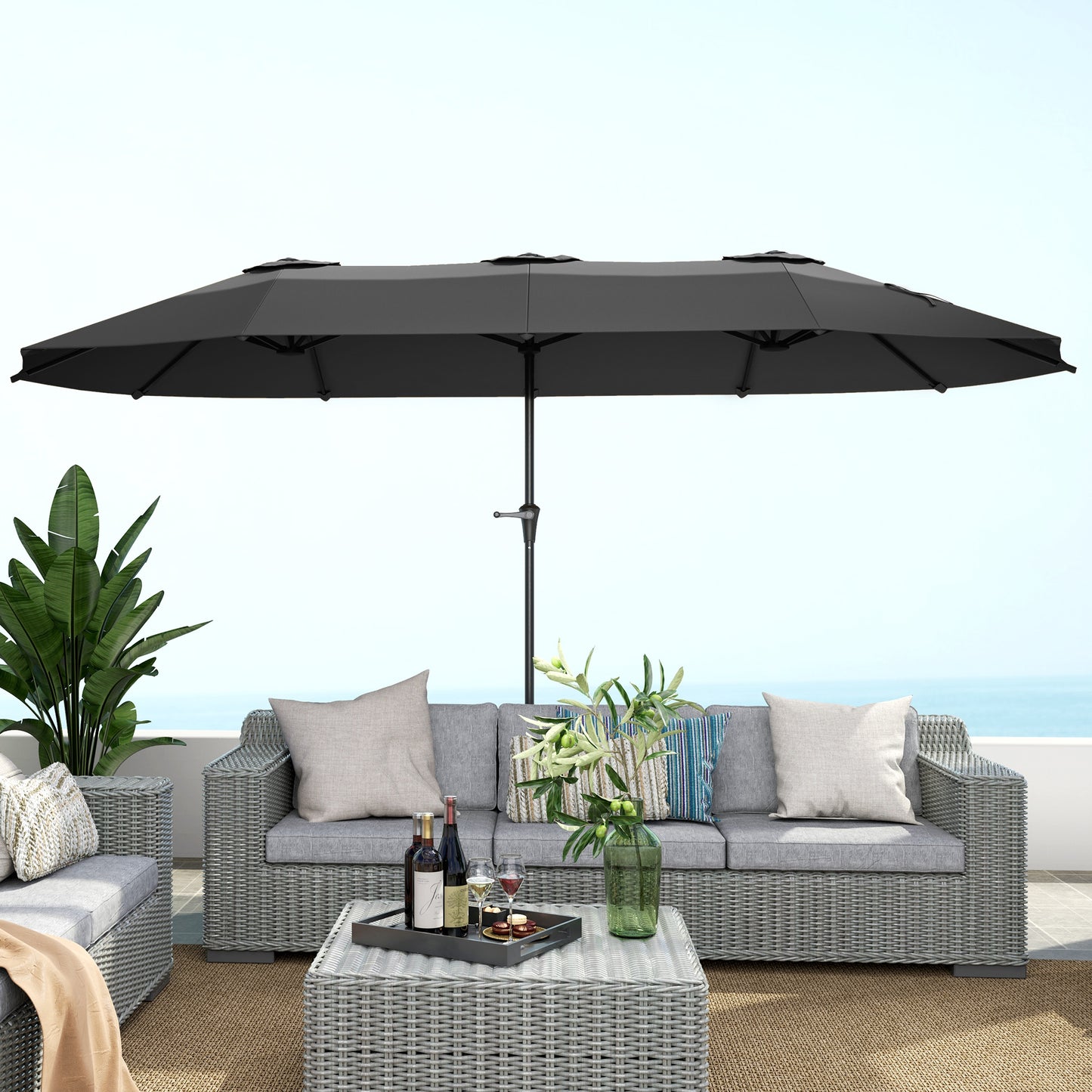 Outsunny Sombrilla Doble 4x2,2 M Con Manivela Manual Impermeable Gris Oscuro_3