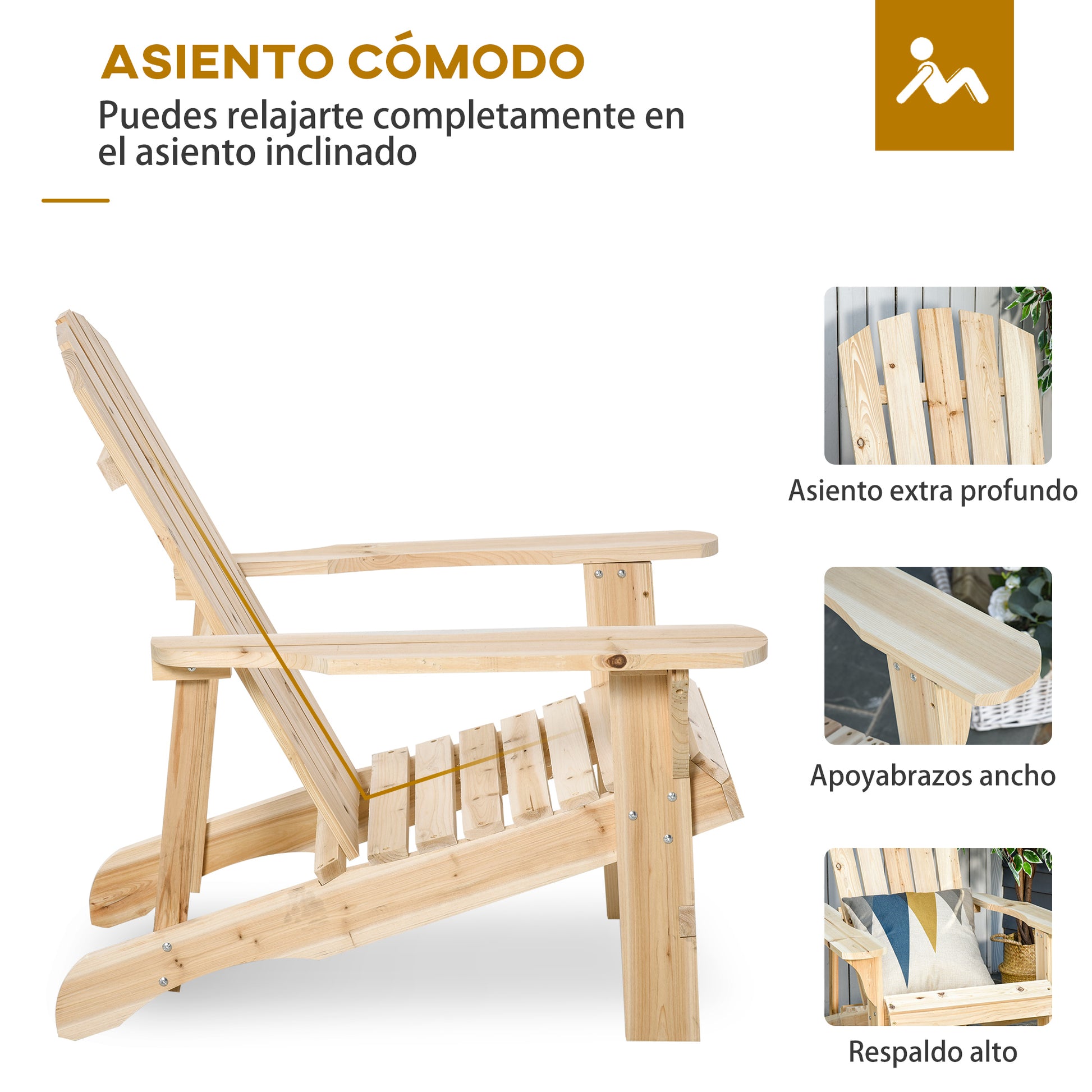 Outsunny Silla Adirondack De Madera Carga 150 Kg 78x89x88 Cm Natural_5