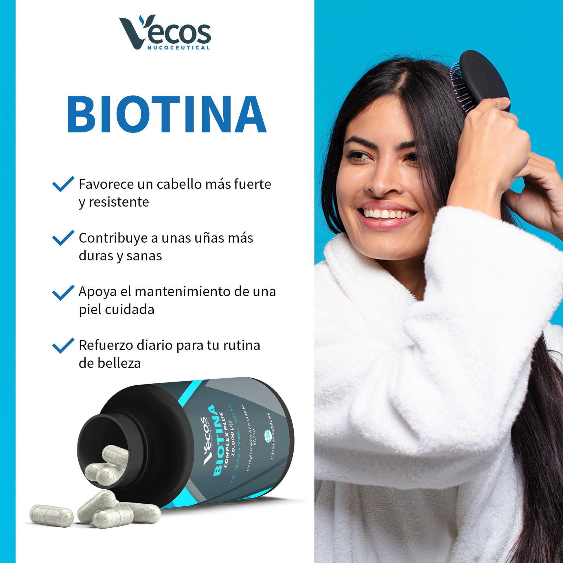 Biotina 10000 Mcg Vecos 150 Cápsulas | Anticaída Del Cabello, Cuidado De Piel Y Uñas_3