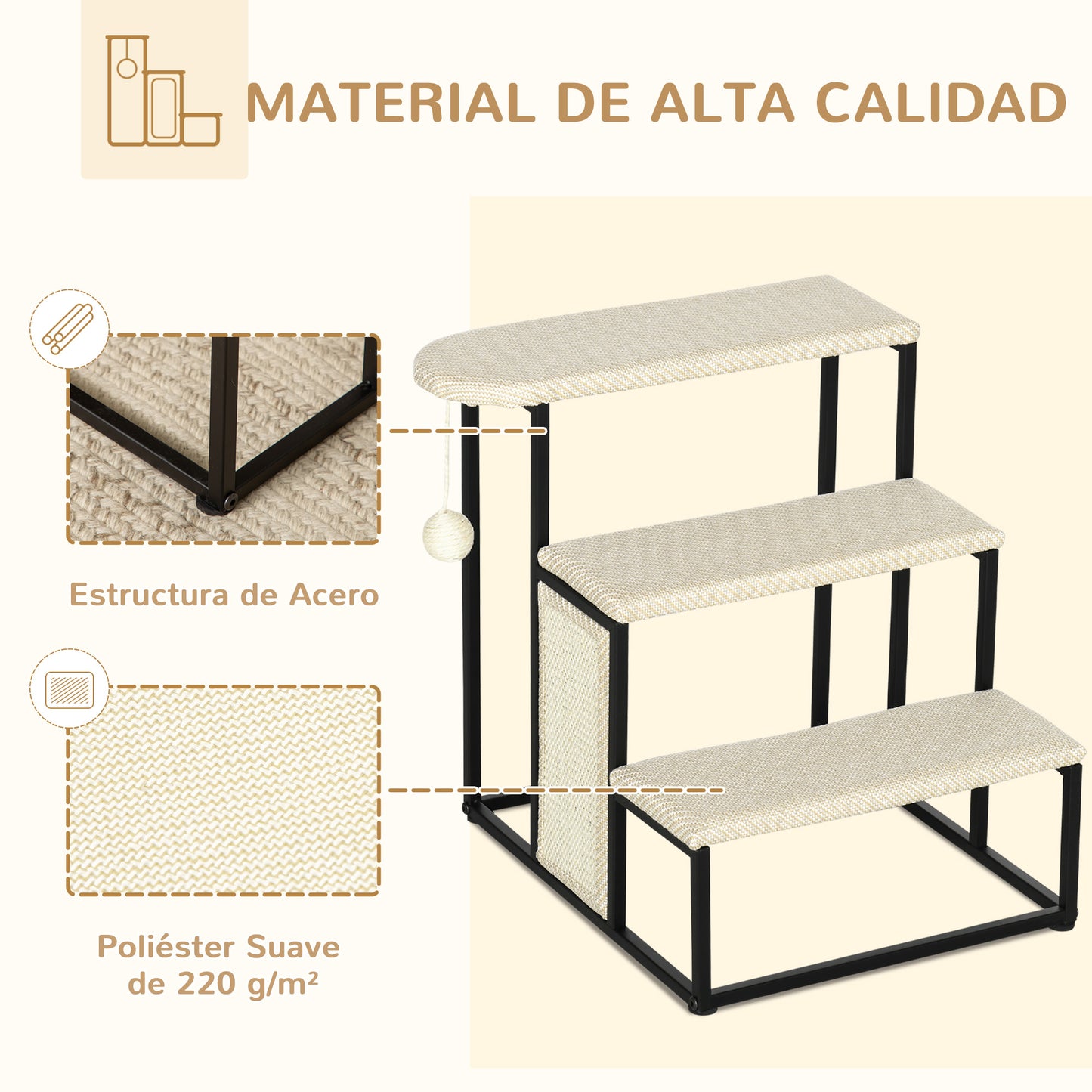 Pawhut Escalera Para Perros De 3 Niveles Con Bola Colgante 47x45x47 Cm Crema_3