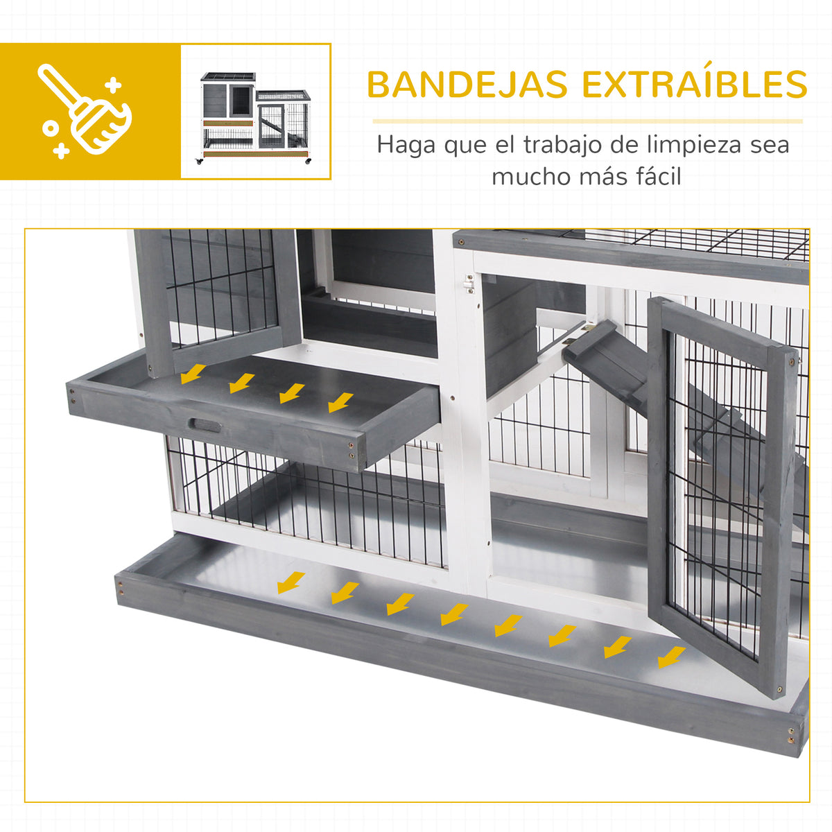 Conejera De Madera Interior Con Ruedas Pawhut 110x50x86 Cm Gris_5