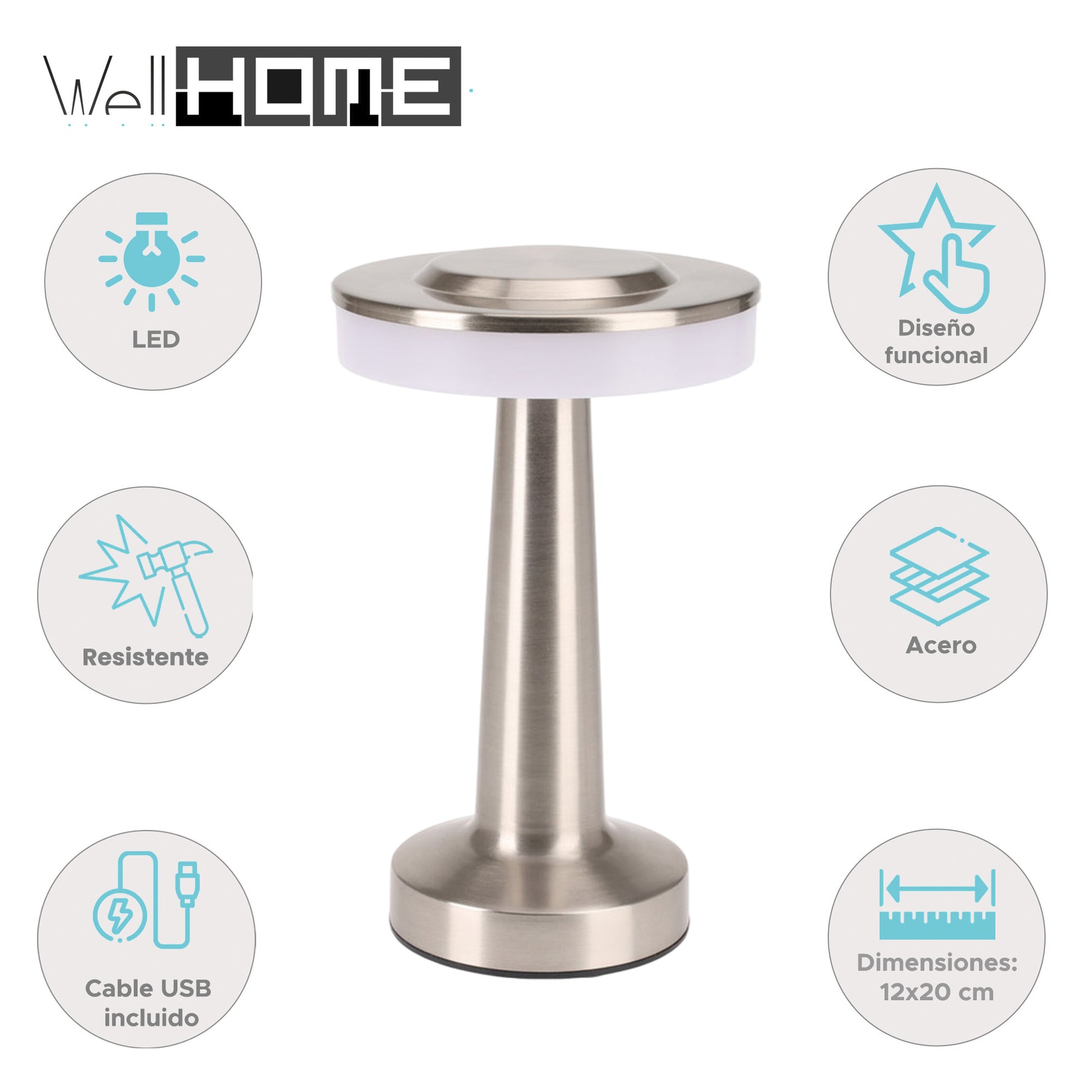 Well Home Lámpara De Mesa De Acero Plateado Con Luz Blanca Cálida Y Batería Recargable_1