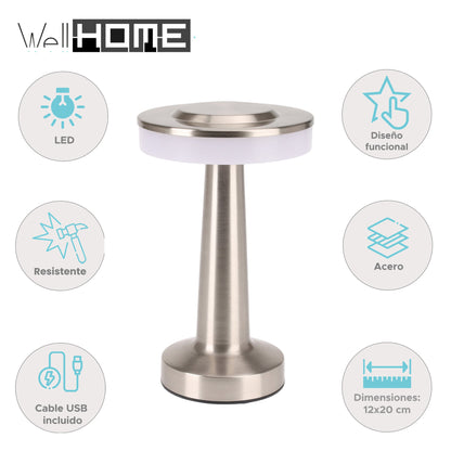 Well Home Lámpara De Mesa De Acero Plateado Con Luz Blanca Cálida Y Batería Recargable_1