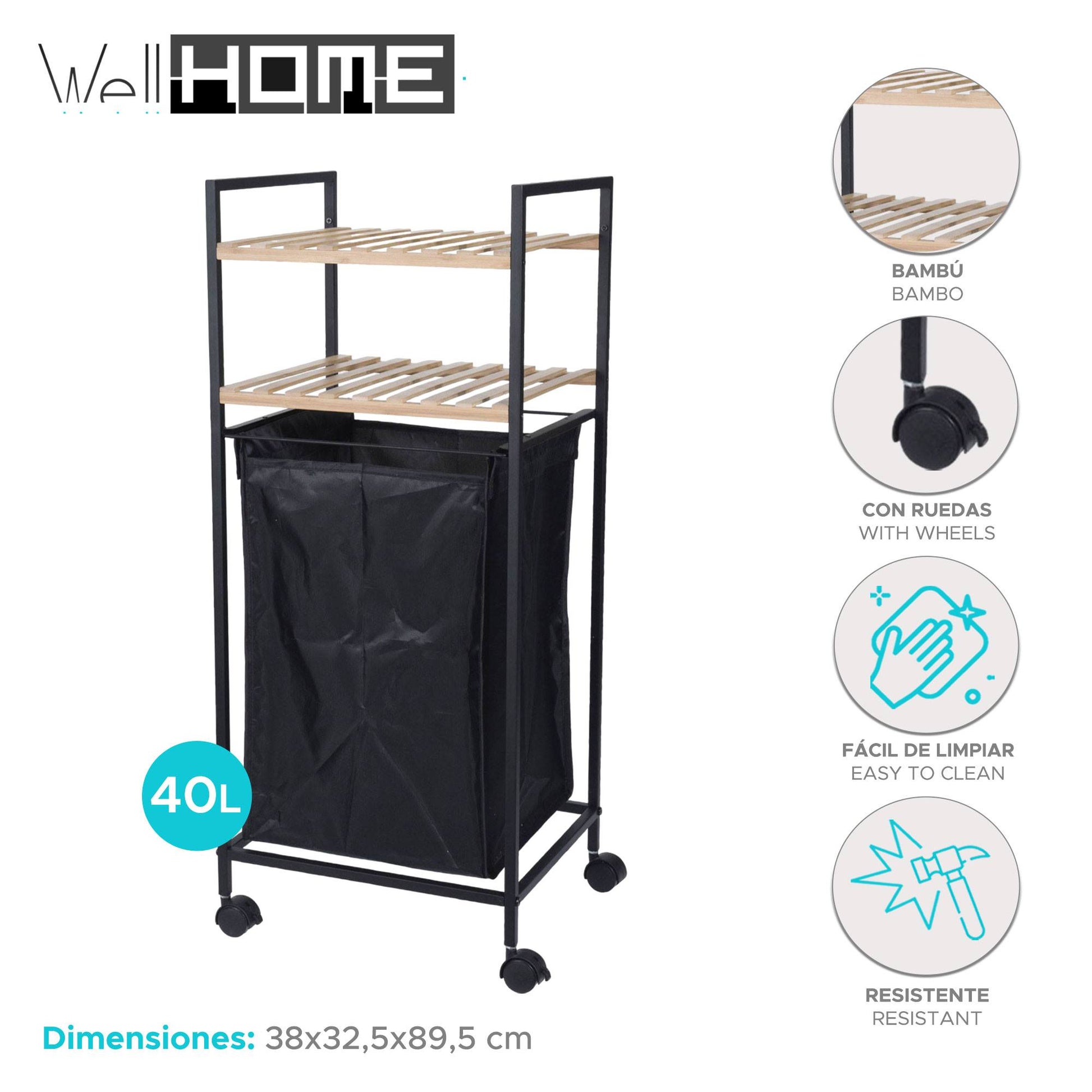 Well Home Estantería De Baño 2 Estantes Y Bolsa De Lavandería H.89,5cm