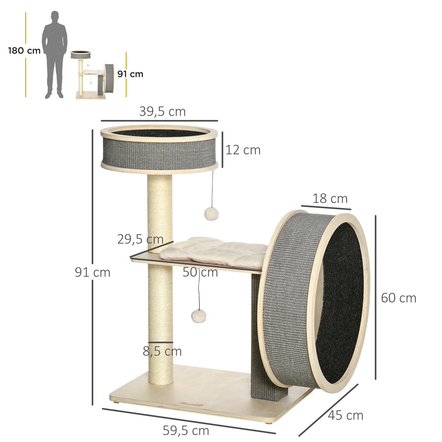 Pawhut Árbol Rascador Para Gatos Mediano 91 Cm Con Rueda Para Ejercitar Y Cama_2