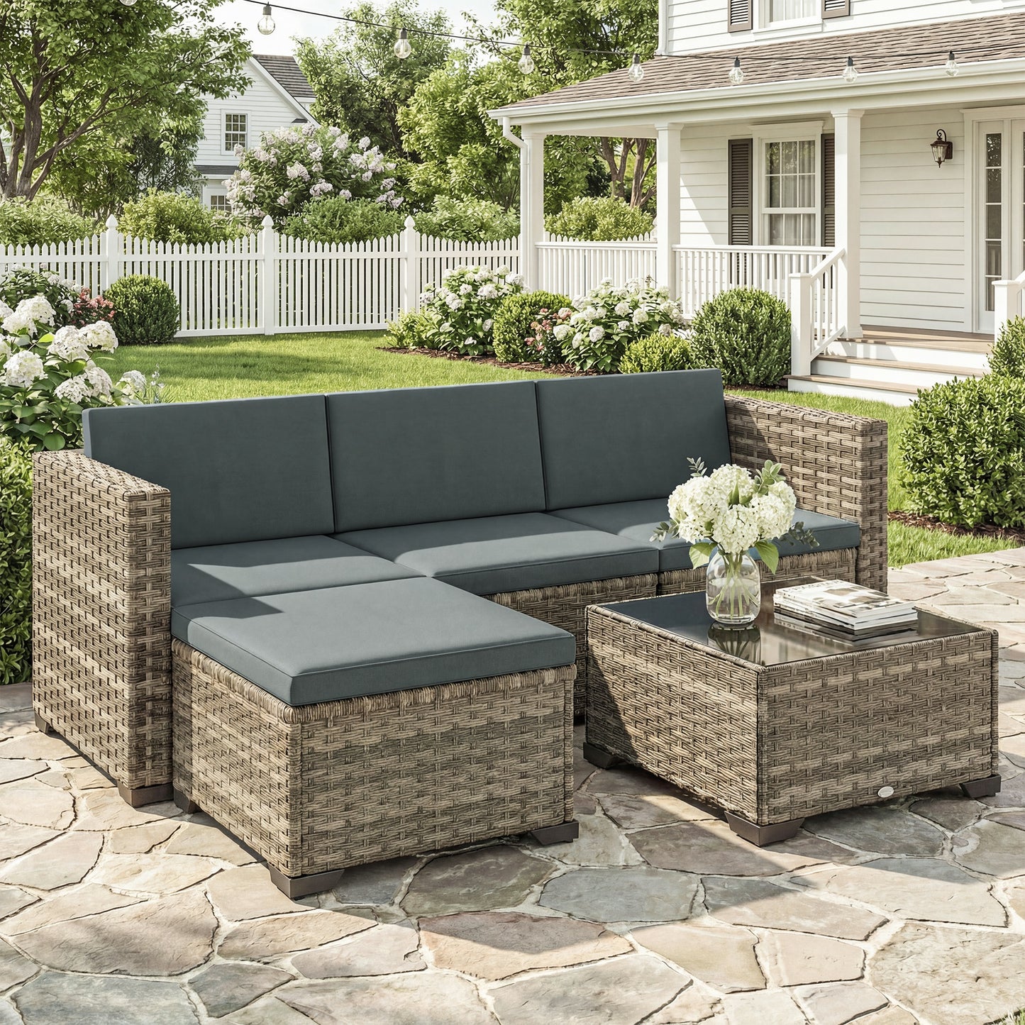 Outsunny Conjunto Muebles Jardín Exterior De Ratán 5 Piezas Cojines Gris Oscuro_1