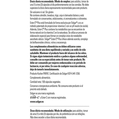 Ester C plus Vitamina C  de 500mg  Solgar 100 cápsulas vegetales