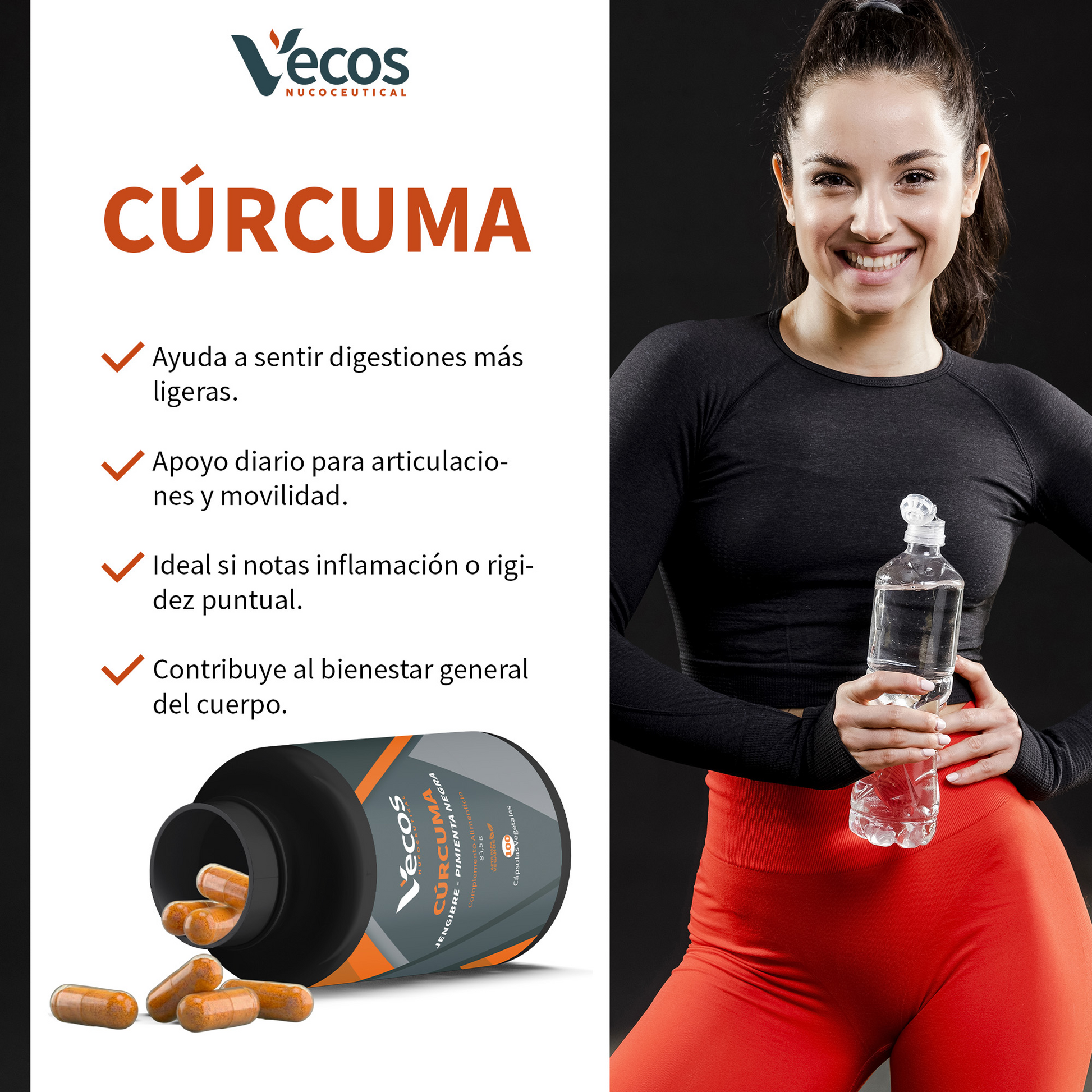 Cúrcuma 600 Mg + Jengibre Vecos 100 Cápsulas | Digestión, Articulaciones Y Absorción Mejorada | Con Piperina_3