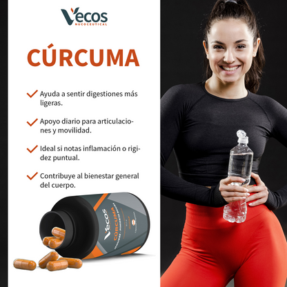 Cúrcuma 600 Mg + Jengibre Vecos 100 Cápsulas | Digestión, Articulaciones Y Absorción Mejorada | Con Piperina_3