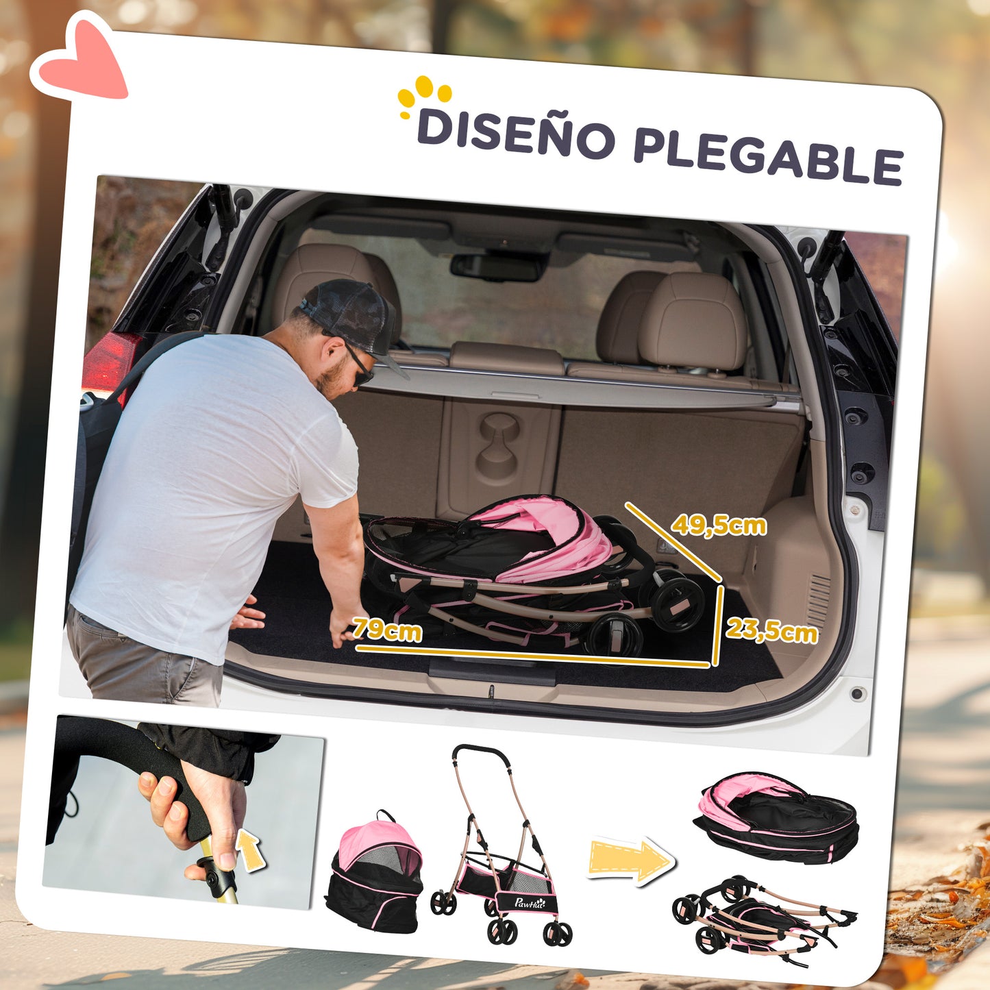 Pawhut Carrito Para Perros Plegable 3 En 1 Con Vagón Desmontable Rosa_5