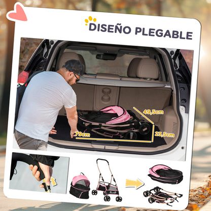 Pawhut Carrito Para Perros Plegable 3 En 1 Con Vagón Desmontable Rosa_5