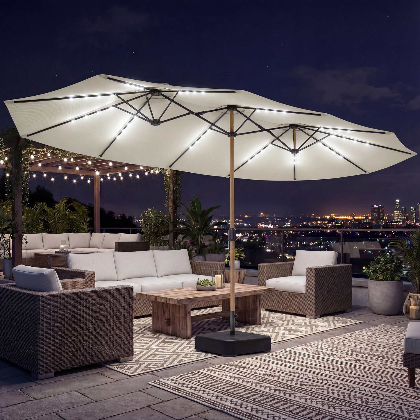 Outsunny Sombrilla Doble 4,6x2,6 M Con 48 Luces Led Base Incluida Y Manivela_3