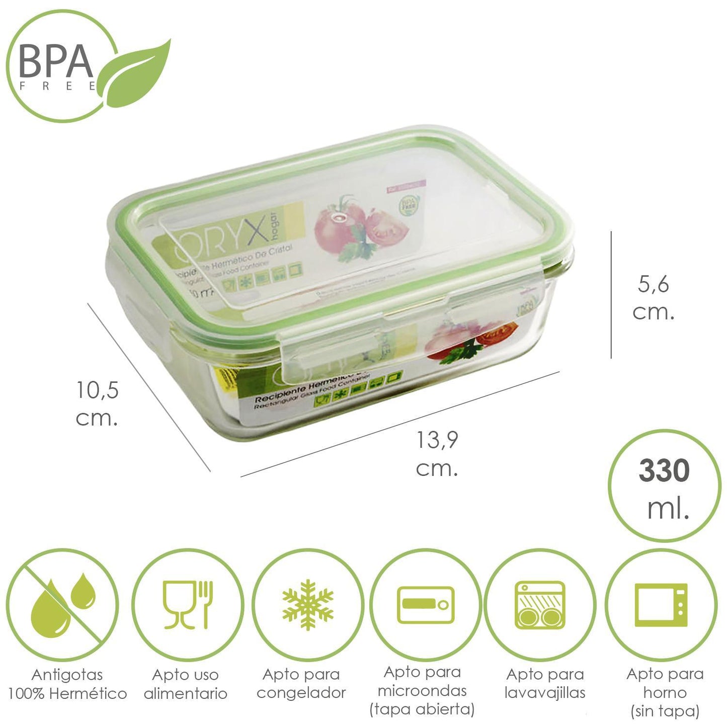 Recipiente Hermetico Cristal Rectangular  330 Ml. 13.9 X 10.5 X 5.6 (alt) Cm._0