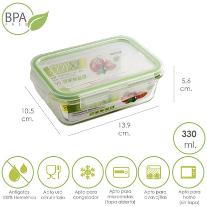 Recipiente Hermetico Cristal Rectangular  330 Ml. 13.9 X 10.5 X 5.6 (alt) Cm.