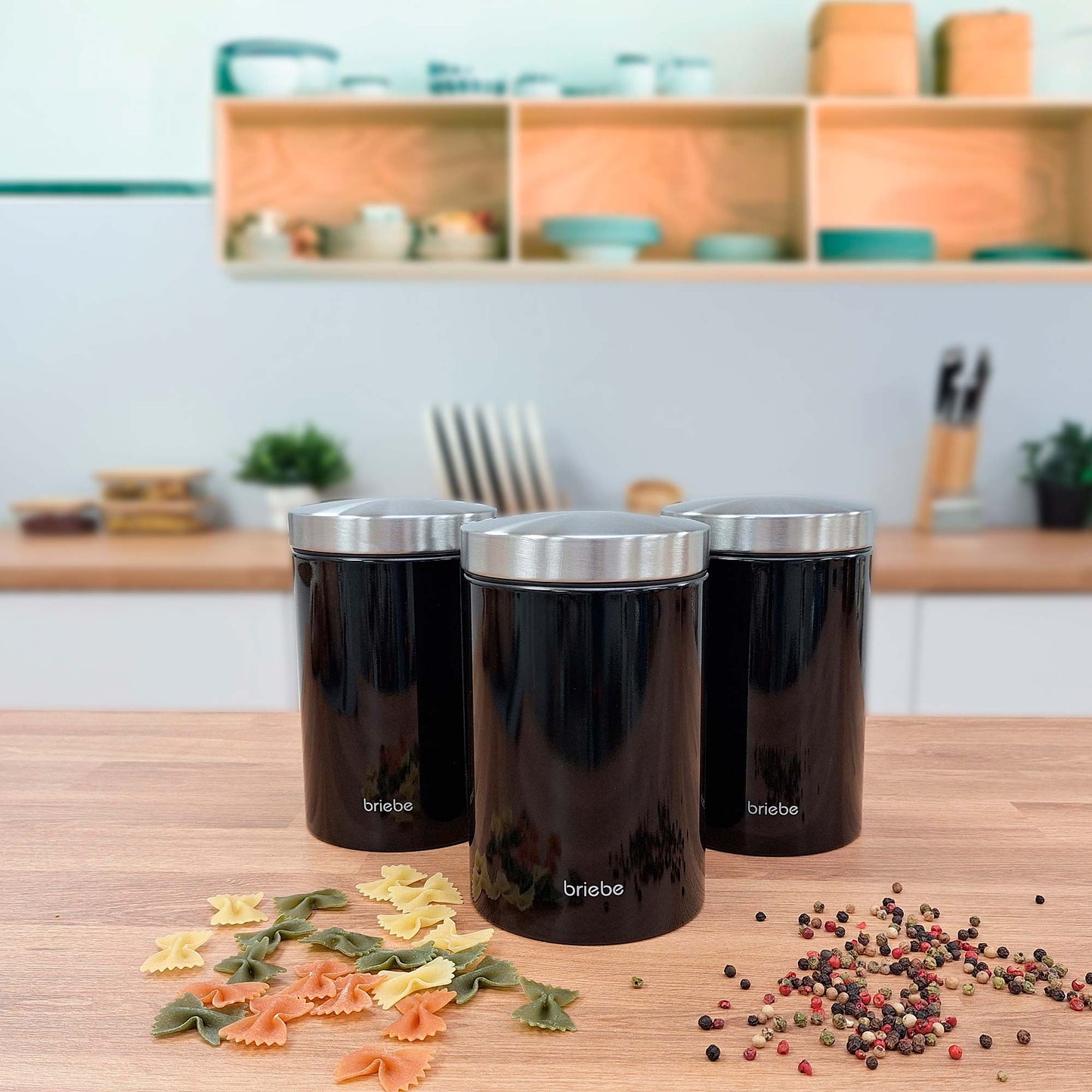 Panera De Mesa +juego 3 Botes Cocina Almacenaje Acero Inoxidable Contenedor De Pan Con Tapa, Briebe, Bb1161, Negro/inox