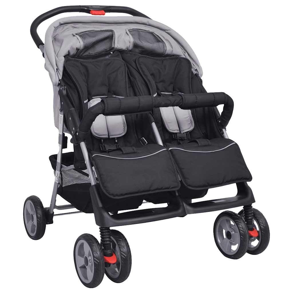 Vidaxl Cochecito Gemelar De Acero Gris Y Negro_3