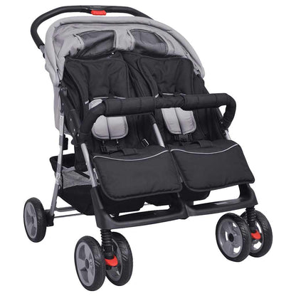 Vidaxl Cochecito Gemelar De Acero Gris Y Negro_3