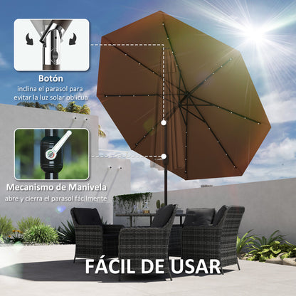 Outsunny Sombrilla Jardín Con 32 Luces Led Solares Inclinable Ø265x233 Cm Marrón_5