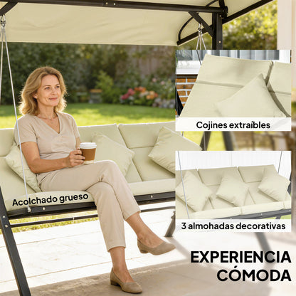 Outsunny Columpio De Jardín De 3 Plazas Con Techo Ajustable 202x115x168 Cm Beige_5