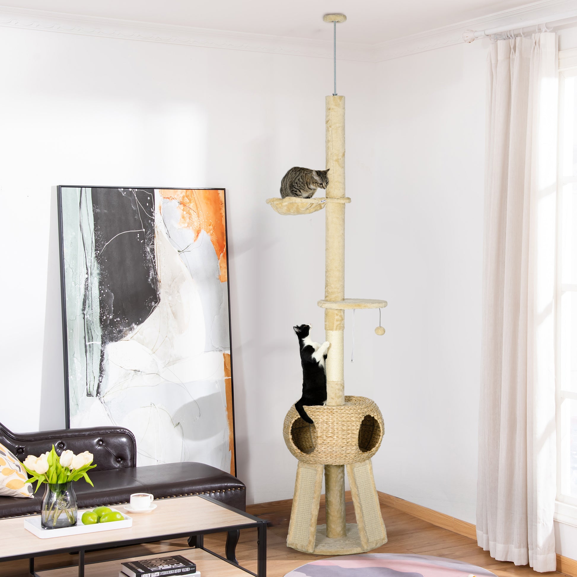 Pawhut Árbol Para Gatos De Suelo A Techo De 225-255 Cm Con Cueva Hamaca Beige_1