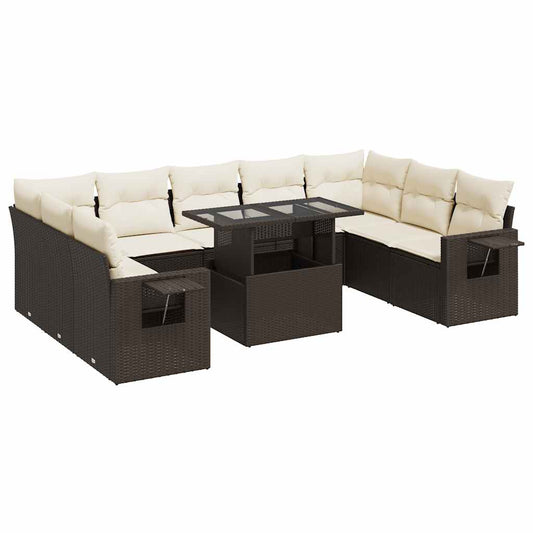 Set De Sofás De Jardín 10 Pzas Y Cojines Ratán Sintético Marrón / Vetonek_0