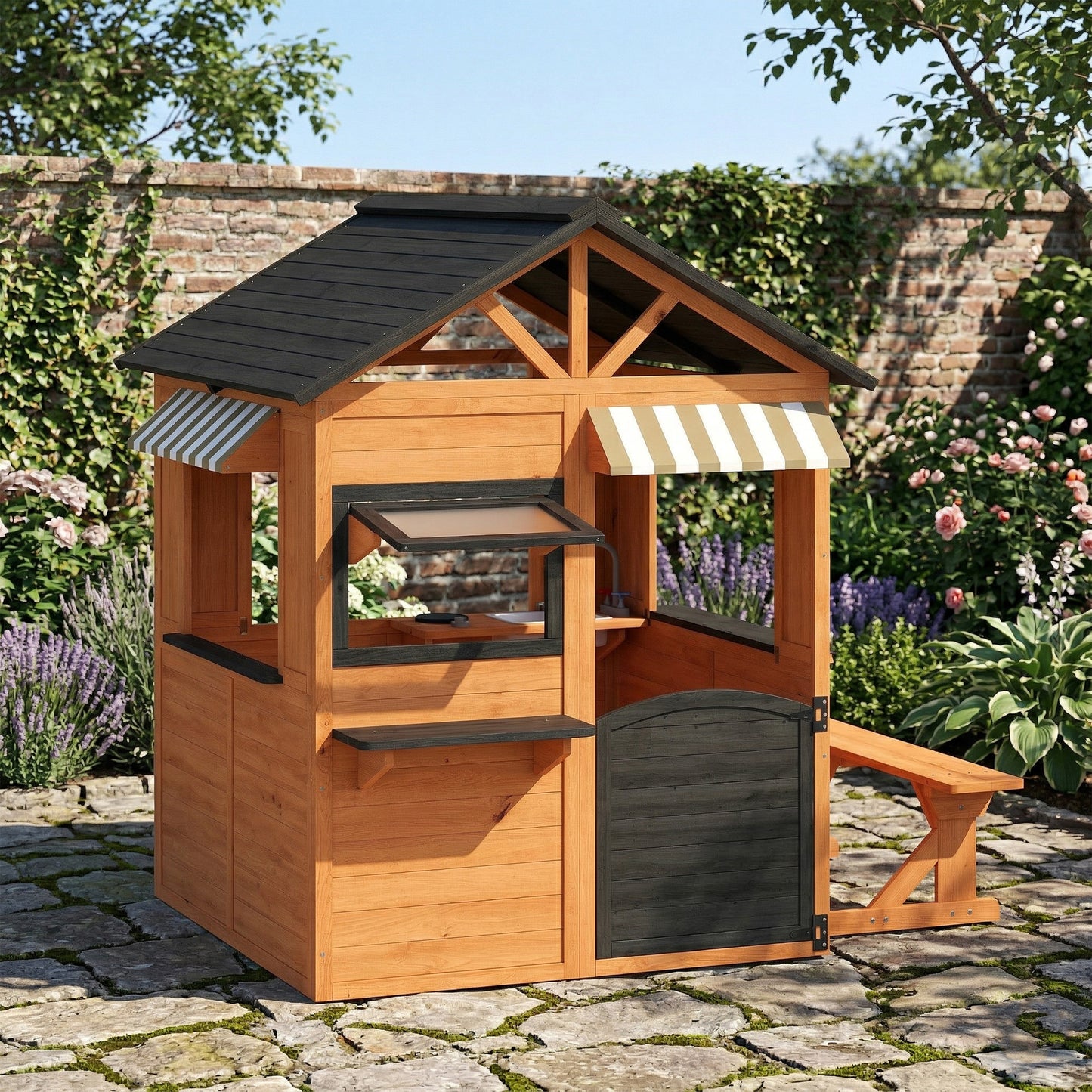 Aiyaplay Casita Infantil Exterior De Madera Con Cocina De Juguete Y Banco Marrón_1